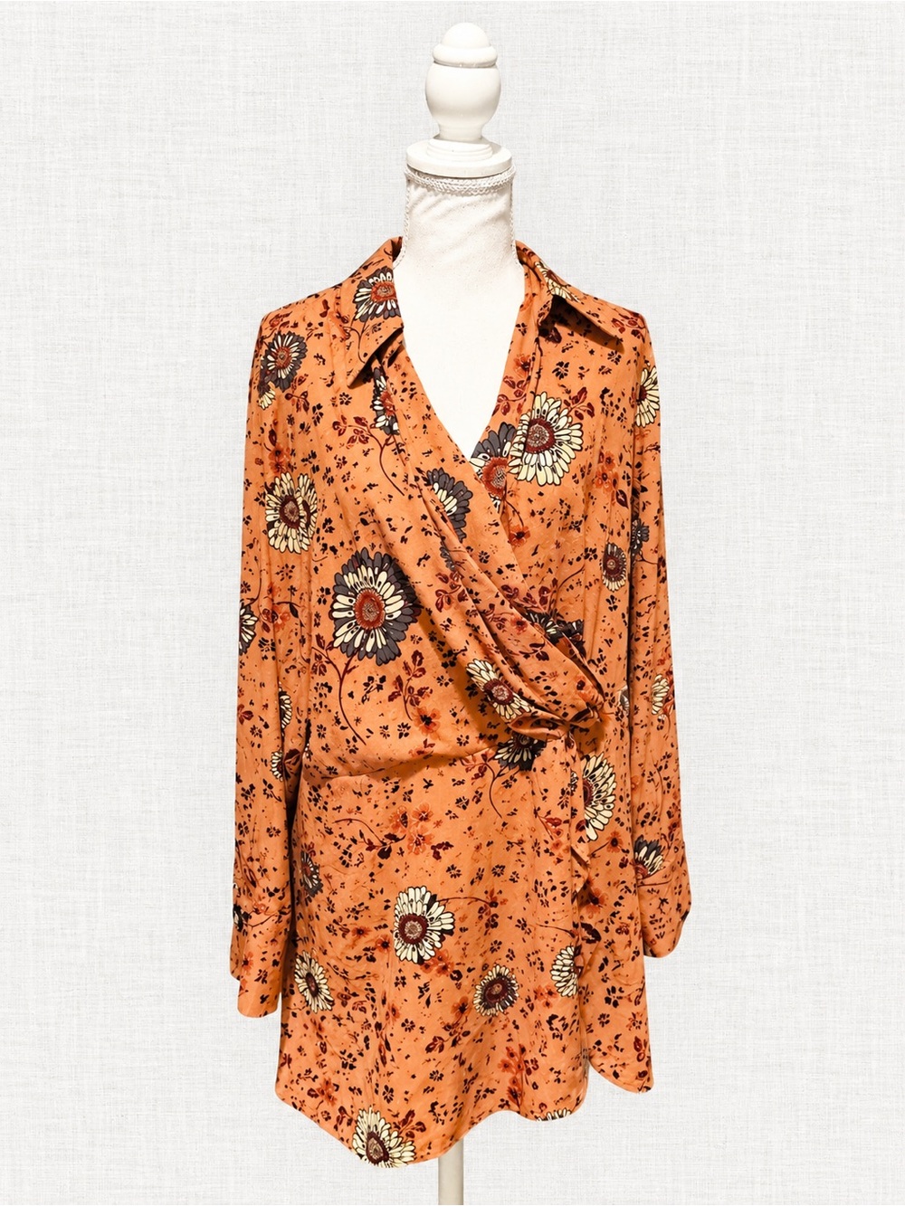 A MTL 1980 Plus Size 2X Orange Floral Wrap Long Sleeve Dress